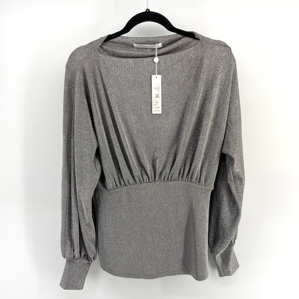 NWT TRINA TURK Eros‎ Top Womens M Sparkle Long Sleeve V Neck Gathered Waist